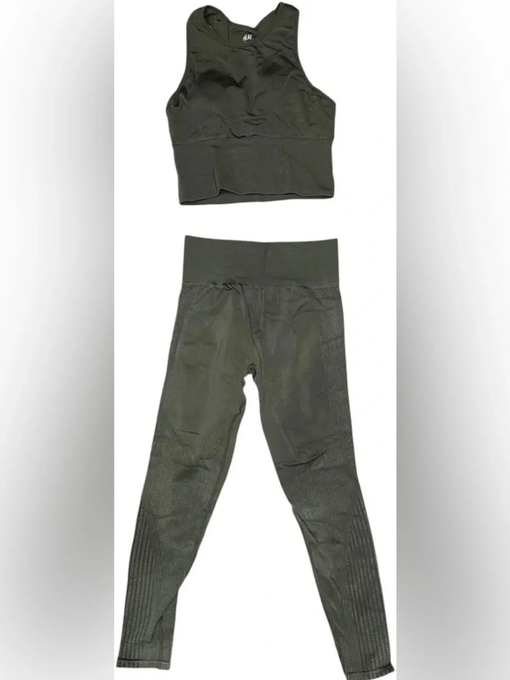 H&M Olive Green Ribbed High-Waisted Seamless Activewear Set Matching Set